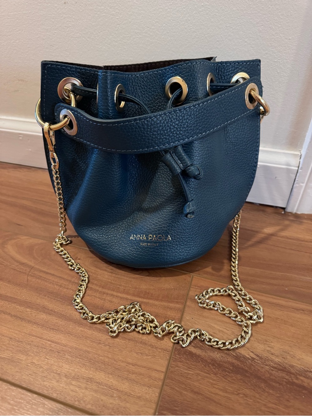 Anna Paola Teal Leather Drawstring Bucket Bag with Gold Chain